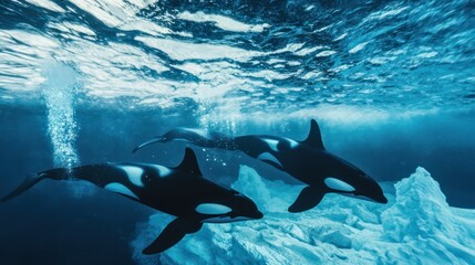 Obraz premium Orcas swimming underwater icebergs ocean