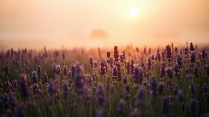 Naklejka premium Dreamy lavender field at sunrise, softly illuminated with warm, diffused light and gentle, hazy
