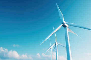 minimalistic image of wind turbines against clear blue sky with ample copy space conveying renewable energy