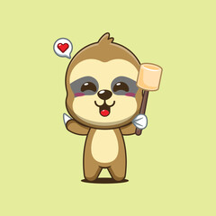 Fototapeta premium Cute sloth cartoon vector illustration eating marshmallow