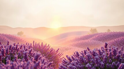 Obraz premium Scenic landscape of a lavender field at sunrise creating a tranquil, dreamlike atmosphere with soft