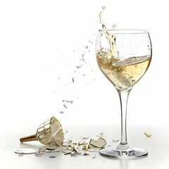 broken champagne glass isolated on white background