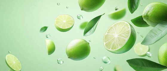 Fresh limes and leaves on a green background.
