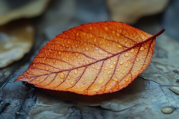 Close-up of a vibrant orange leaf with water droplets.
