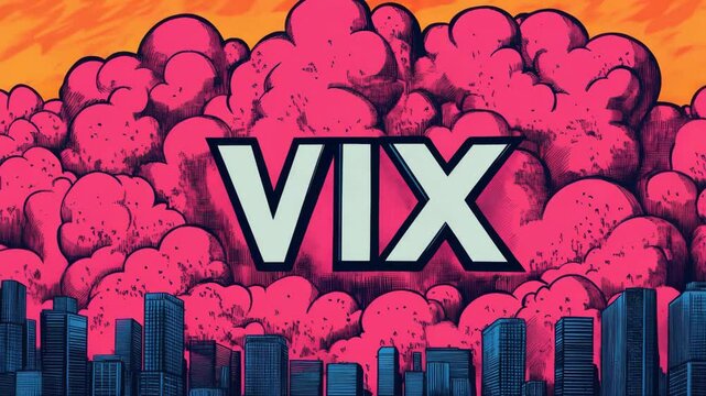 The word "VIX" in the center of the image with a background of trade war and economic warfare, representing the fear index and extreme stock market volatility.