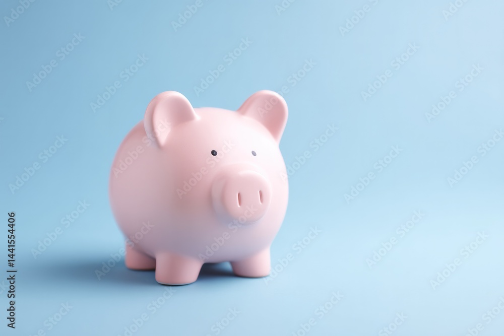 Poster minimalistic piggy bank on smooth solid color background with abundant copy space
