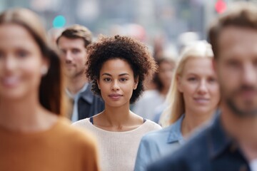 Obraz premium minimalistic portrait capturing diverse group of people from different racial backgrounds and ages in blurred urban