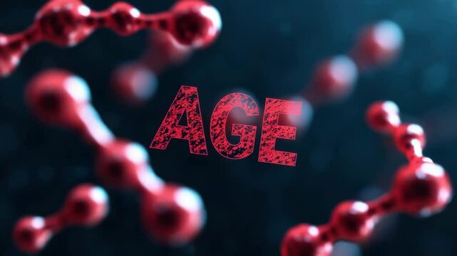 The word "AGE" with a DNA background symbolizes how strong genes contribute to longevity and good health. Science and research related to anti-aging and life extension.
