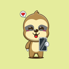 Cute sloth cartoon vector illustration with mobile phone