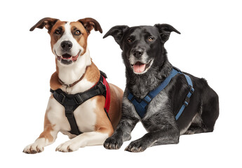 Dogs wearing collars and harnesses, sitting together and looking happy on a transparent background with no shadows.