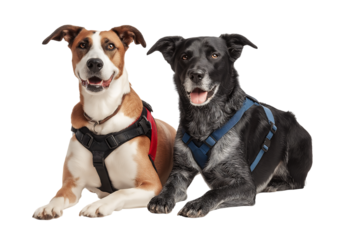 Dogs wearing collars and harnesses, sitting together and looking happy on a transparent background with no shadows.