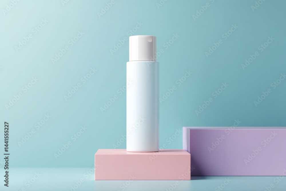 Poster minimalistic setting with empty podium for cosmetics surrounded by subtle colors and clean lines