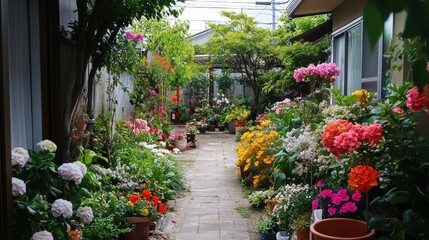 Obraz premium Beautiful garden path lined with vibrant flowers in various colors, creating a picturesque and serene scene.