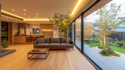 Fototapeta premium Modern living room with large windows, cozy sofa, and minimalist decor, overlooking a serene garden.