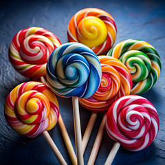bright and delicious lollipops on dark blue background