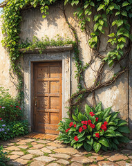 cozy door in garden wall to old fashioned  style home