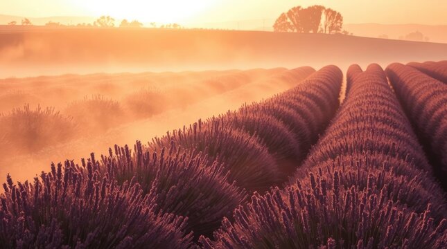 Rows of lavender field disappear into morning mist under a golden sunrise glow, a tranquil