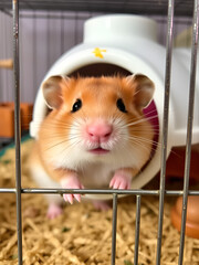 Obraz premium A Syrian hamster peeking out of its cage
