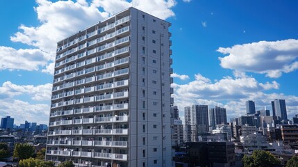 Naklejka premium Modern high-rise residential building against a vibrant city skyline and blue sky with scattered clouds.