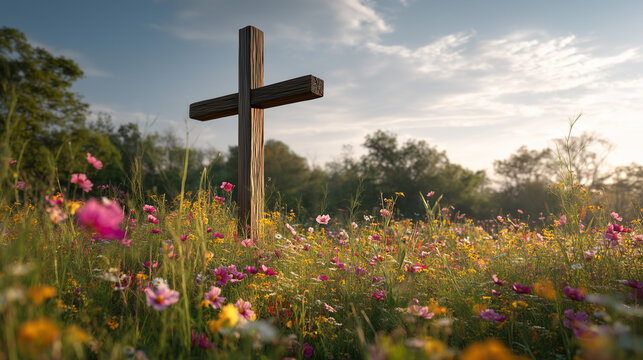 flowers and cross, a simple wooden cross stands tall in the middle of a meadow filled with colorful wildflowers, Ai generated images