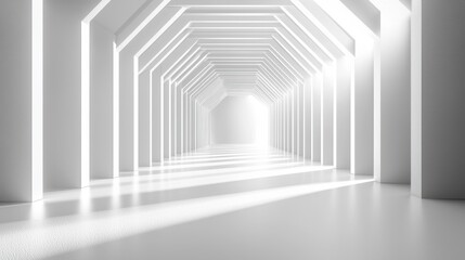 Abstract white geometric tunnel structure with shadows creating a modern architectural design.