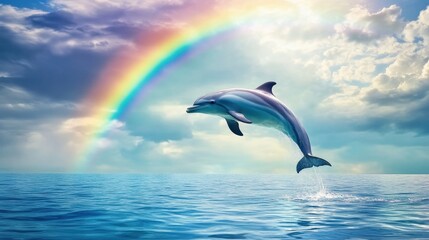 A vibrant dolphin leaps out of the ocean below a stunning rainbow under partly cloudy skies.