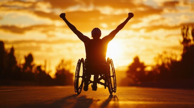 Silhouette of an athlete in a wheelchair celebrating at sunset on an open road.
