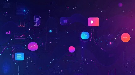 Futuristic digital interface with dynamic graphs, icons, and glowing elements on a dark background.