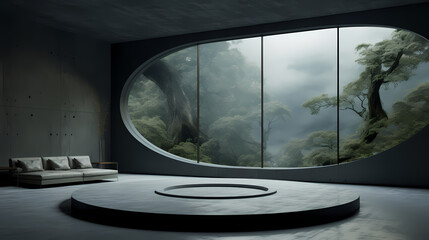 A room with large windows and a circular skyligh abstract illustration background decorative painting