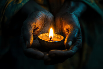 Naklejka premium Cupped Hands Holding Small Candle Flame at Night