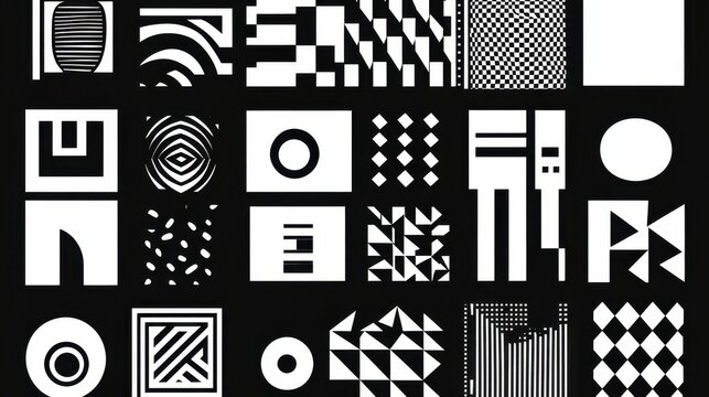 Abstract black and white geometric patterns in various shapes and styles.