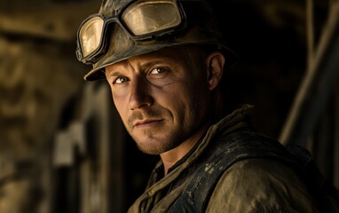 Fototapeta premium A determined miner wearing safety gear looks at the camera with a serious expression.