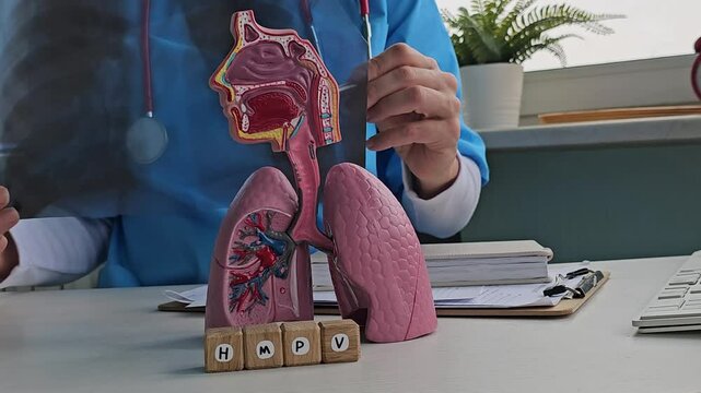 A doctor examines a chest x-ray with metapneumovirus and mild diseases. Causes acute respiratory viral infections in humans, mainly in children and hMPV.