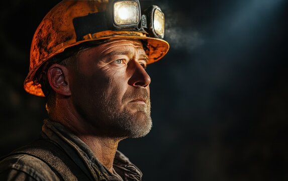 Bearded male miner with headlamp, looking pensive in dimly lit underground mine setting.