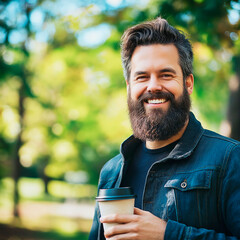 Fototapeta premium Smiling Man With a Beard Enjoys Craft Coffee in a Vibrant Outdoor Setting