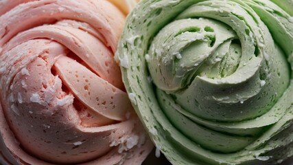 Obraz premium Close-up view of delicious swirls of pink and green frosting or cream