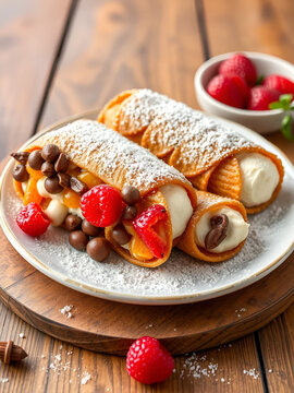 Cannoli siciliani, tradizionale dolce italiano ripieno di crema alla ricotta e arricchito di frutta candita e gocce di cioccolato, cibo europeo