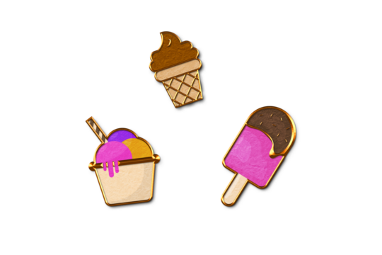 Vector illustration depicting three different types of ice cream treats, including a cone, a cup with scoops, and a popsicle. The colorful design highlights each dessert. On a transparent background. 