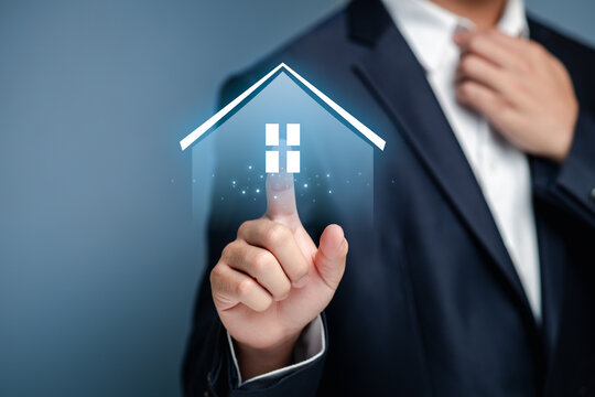 Person in Suit Interacting with Digital Home Icon Conceptually - Powered by Adobe