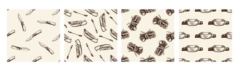 Hand drawn vintage seamless pattern set of camping adventure gear, including folding knives, canoes, guitars and waist bags, rustic outdoor sketch collection