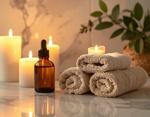 Relaxing Spa Setup with Candles, Essential Oil Bottle, Soft Towels, and Natural Greenery for a Therapeutic Wellness Experience at Home