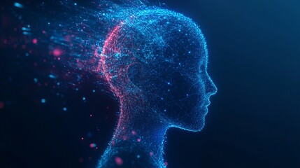 Abstract digital human head profile in blue and pink network ai 3d art data glow cyber space lines