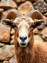 Closeup portrait of Barbary sheep or Ammotragus lervia aoudad species of caprine endemic to rocky mountains in North Africa. Over background with wall made of stones.