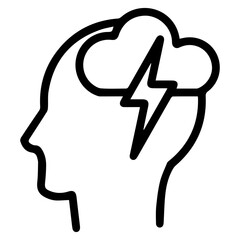 Stormy thought in mind (outline style). Troubled thinking, chaotic idea, mental turmoil, intense thoughts, brainstorm, electric notion, powerful concept, agitated mind, turbulent thoughts brewing