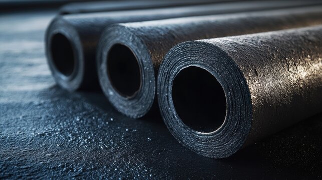 A stunning image of rolled roofing materials closeup. Rolls of black bituminous membrane waterproofing. Industrial background, construction, renovation, refurbishment concept.