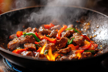 Beef and peppers sizzling in the wok.