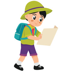 Kids Adventure Illustration. Vector illustration of Little Explorer Boy Reading a Map. Isolated on background