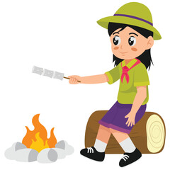 Kids Adventure Illustration. Vector illustration of Girl Roasting Marshmallows by Fire. Isolated on background