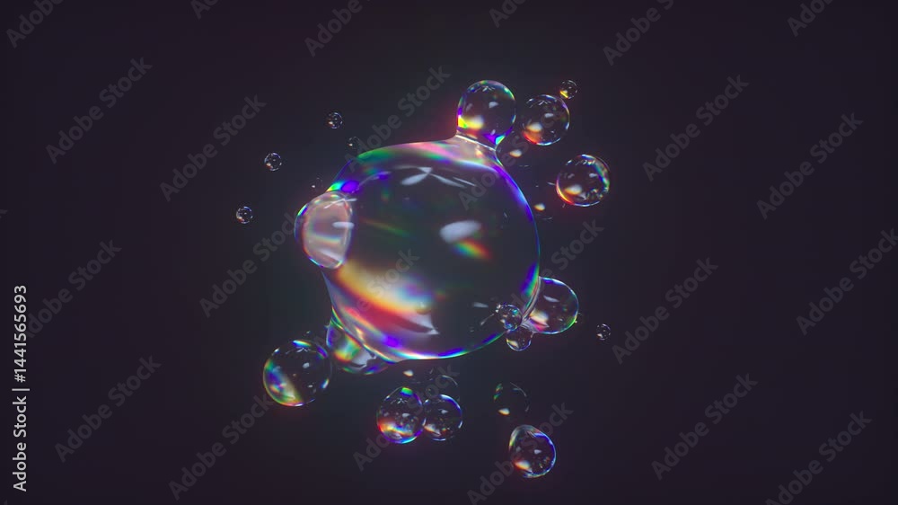 Poster metaball liquid transparent iridescent blobs. 3d rendering abstract multicolor moving flow bubbles. 