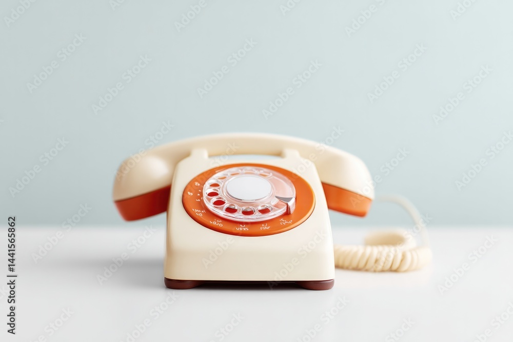 Poster retro rotary phone on white table with copy space minimalistic design emphasizes nostalgia and simpl